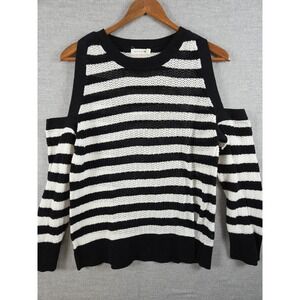 Rag & Bone M Tracey Crew Neck Black Striped Cold Shoulder Sweater Open Knit Boho